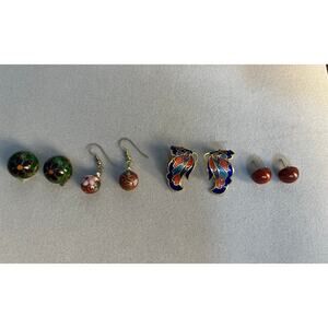 VTG Cloisonné Earring Lot of 4 Enamel Butterfly, Dangle Floral, Clip On Floral